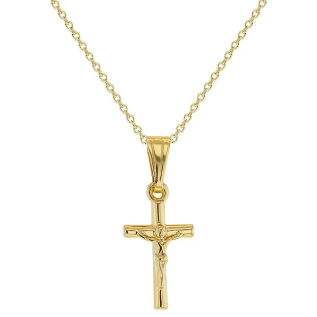 Gold Plated Small Jesus Crucifix Cross Pendant Catholic Necklace for Kids 16"