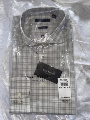NEW Isaac Mizrahi Mens Button Down Shirt Slim Fit Size 16.5 34/35 GREY Checks