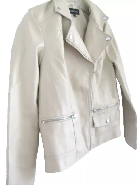 New Look Jacket Womens Small Ivory Faux Leather Biker Moto Full Zip Ladies Coat