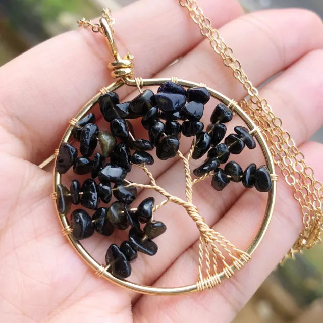 Black Onyx Gem Tree Of Life Water-Drop Necklace Chakra Reiki Healing Amulet