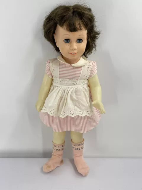 Vintage Brunette CHATTY CATHY Doll Soft Face MUTE PINK STRIPED DRESS 1960