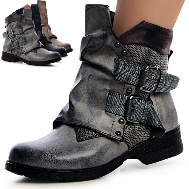 Chaussures Bottines pour Femmes Motard Travailleur Bottes Boucle Talon en Bloc