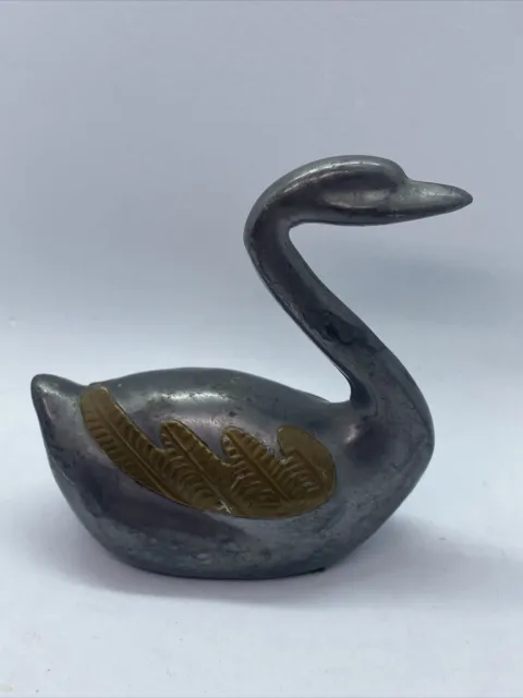 Vintage Heavy Pewter Swan w/ Brass Wings Figurine Statue - Duck Decoy - Small