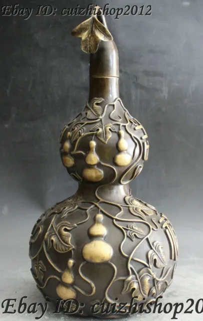 17" China Pure Bronze Fengshui bottle gourd Calabash Cucurbit Auspicious statues