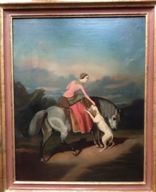 19th Century BRITISH ROMANTICISM LADY on a HORSE STROKING a DOG OIL CANVAS