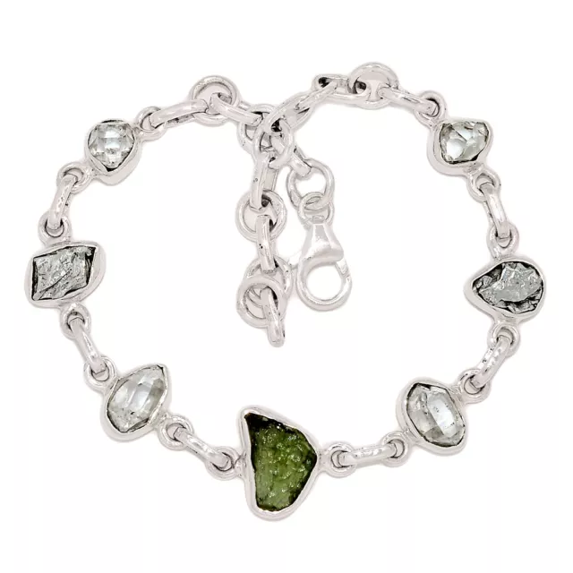 Natural Genuine Czech Moldavite & Herkimer Diamond 925 Silver Bracelet SB17091