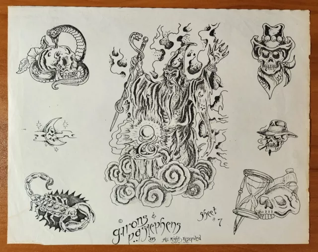 Vintage 1985 Greg Irons, P.A. Stephens Shop Used Tattoo Flash Sheet OLD COPY