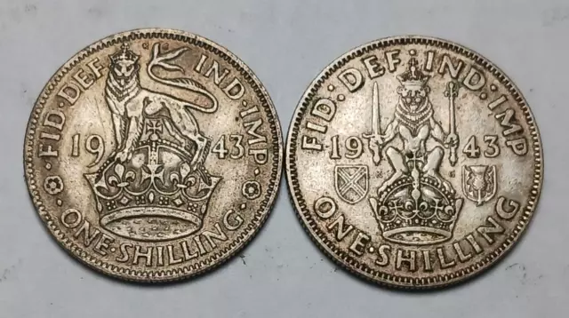 2x 1943 Great Britain 1 Shilling - Silver - George VI - English and Scottish