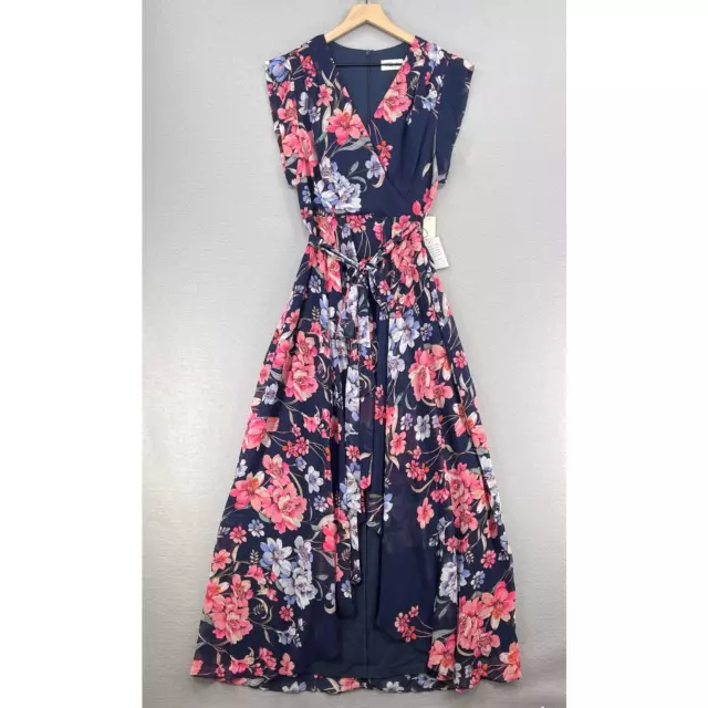 Eliza J Dress Womens 8 Blue Pink Floral Faux Wrap Hi Lo Spring Summer Cap Sleeve