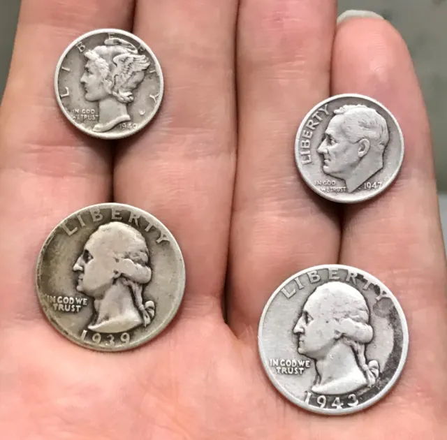 Cleaned Coins Lot Silver 1939 S + 1943 Quarters + 1940 Mercury Dime + 1947 Dime