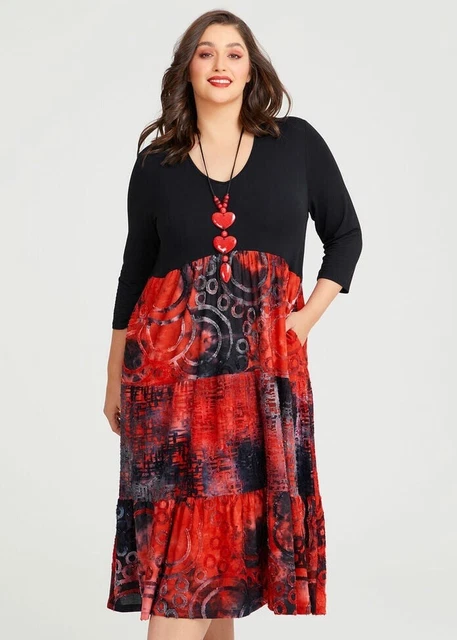 TS TAKING SHAPE Burnout Tier Dress Plus Size 22 XL Red Black Midi EUR ...