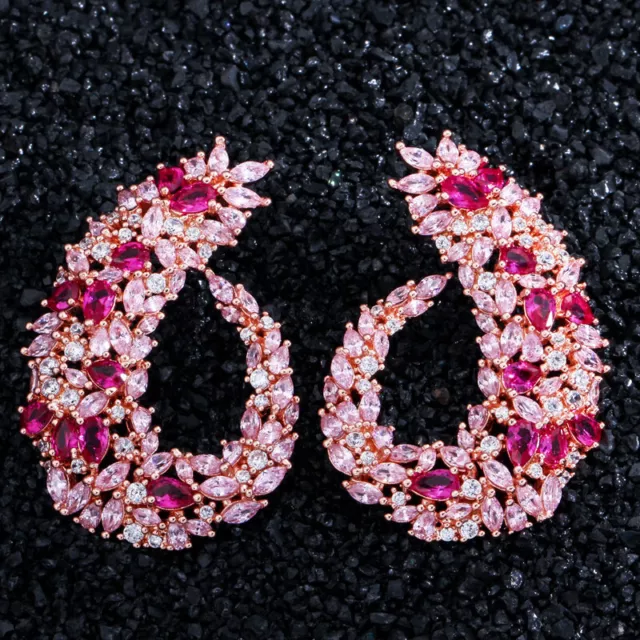 Rose Gold Plattiert CZ Blume Große Runde Braut Hochzeit Party Tropfen Ohrringe