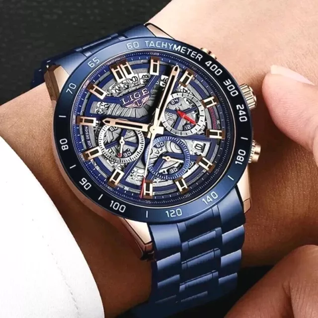 Herren Luxus Edelstahl Blau Armbanduhr Chronograph Sport Quarzuhr 2