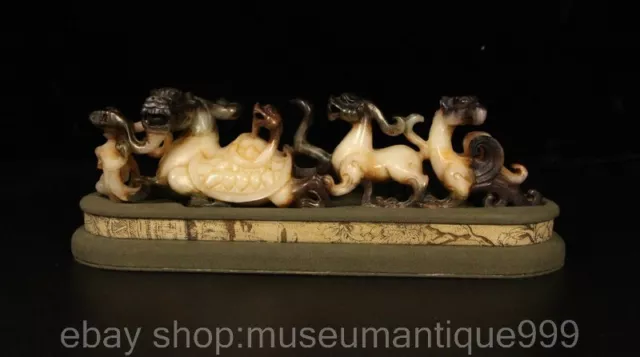 10.2" Chinese Natural Hetian Jade Nephrite Carving Dragon turtle Statue Set
