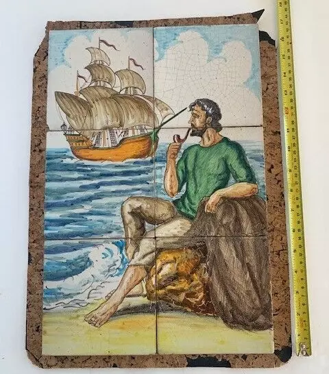 Old Vintage Nautical Art Pottery Tiles Sailing Ship Hand Painted Majolica Faince
