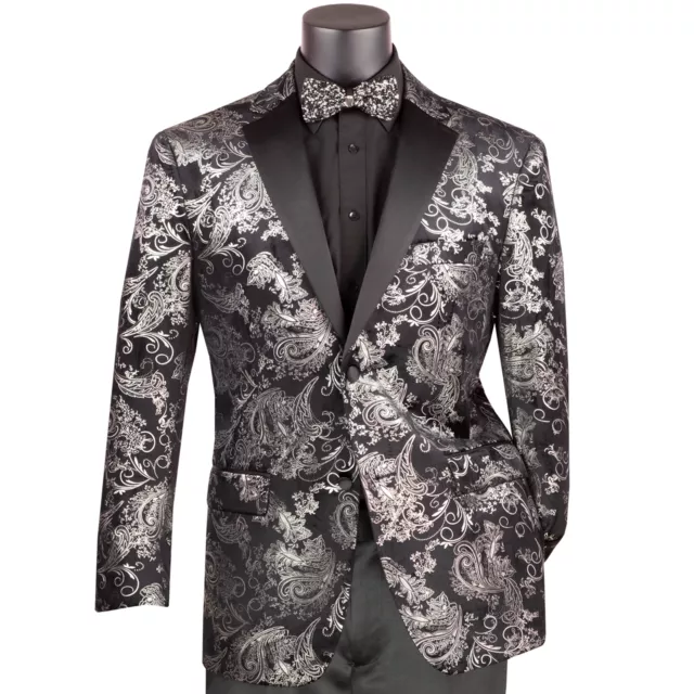 VINCI Men's Silver & Black Paisley Embossed Modern Fit Tuxedo Dinner Jacket NEW