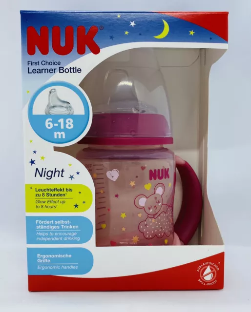 NUK First Choice Night Learner Baby Bottle Handles 6-18m 150ml Pink Glow In Dark