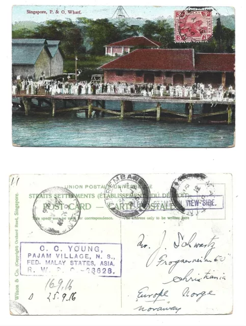 MALAYA  SINGAPORE FMS 1916 P & O Wharf, Singapore color PC , to Norway @3c rate