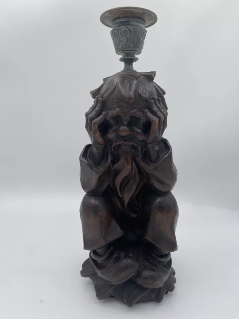 Vintage Hand Carved Solid Wooden “Worried Man” Candlestick