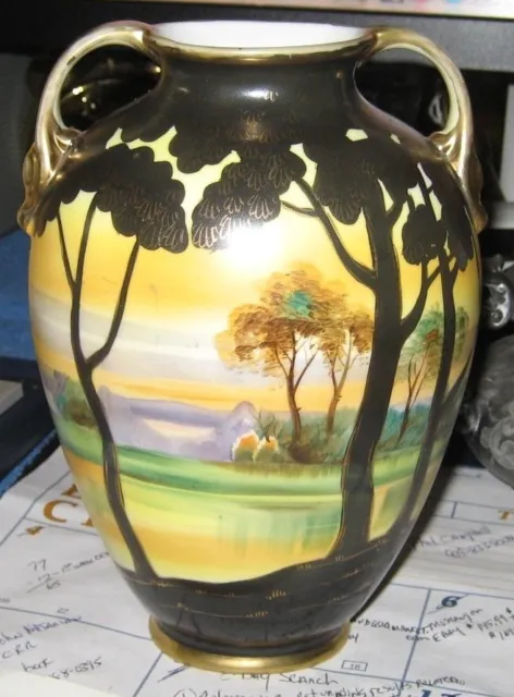 Signed Nippon 7.5" Double Hand Painted Lake Setting Urn Vase | Vintage 1911-1921