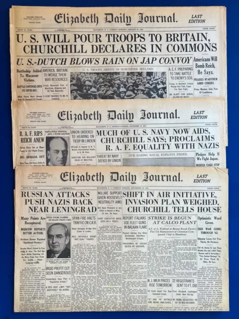 3 WWII WW2 1941, 1942 WINSTON CHURCHILL NEWSPAPER HEADLINES British ...