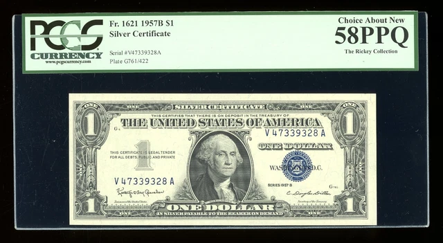 DBR $1 1957-B Silver Fr. 1621 VA Block PCGS 58 PPQ Serial V47339328A