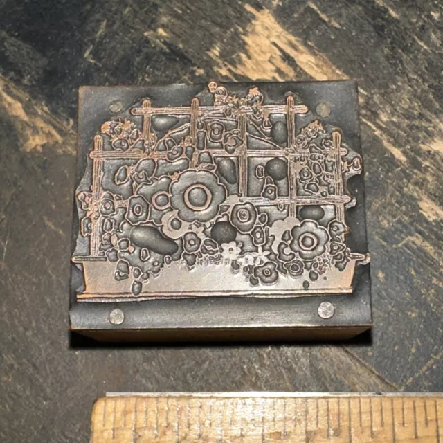 Printing Block “ Flowers in Box, Trellis “ Copper Face, Nice Details!