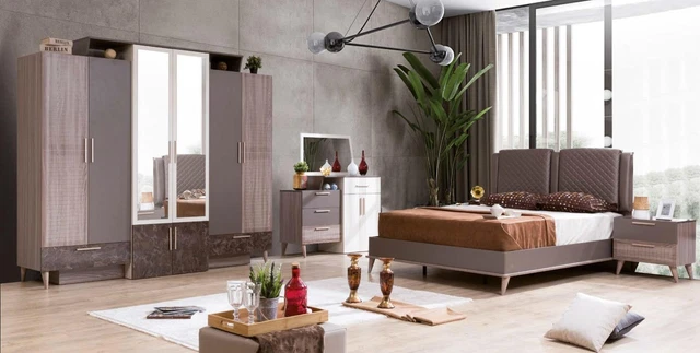 Chambre à Coucher Lit Table de Chevet Penderie Commode Miroir Luxe Neuf Set 5tlg