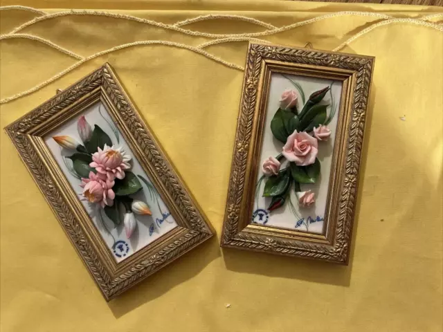 Pair Capodimonte Gold Framed Porcelain Flowers Signed Mollica Floral Roses