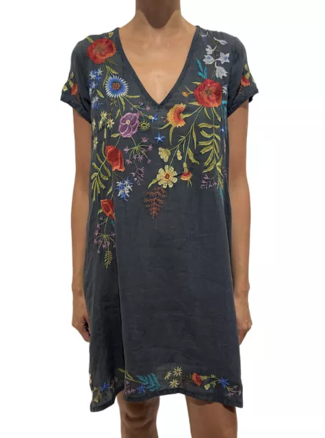 Johnny Was PROVENCE DRESS Dark Ash Grey Embroidery Shift Ramie L Floral flor NEW