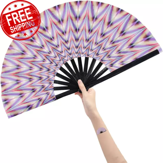 Large Folding Hand Rave Fan for Women/Men, Chinease/Japanese Bamboo and Nylon-Cl