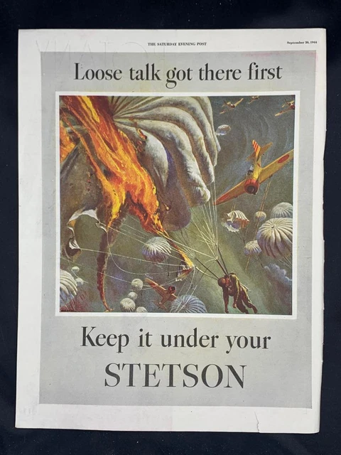 Magazine Ad* - 1944 - Stetson Hats - World War 2 - Paratroopers