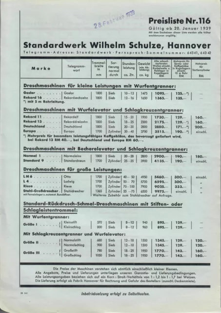 Hist. Schrift: Schulze Preisliste Dreschmaschinen 1939