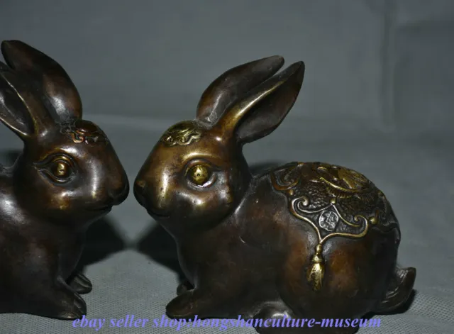 4.8 " China Bronze Gilt Fengshui 12 Zodiac Year Animal Rabbit Wealth Statue Pair 3