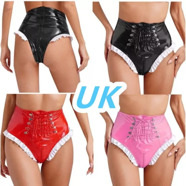 UK Women Patent Leather Ruffles Booty Shorts Lace Up Role Play Knickers Panties