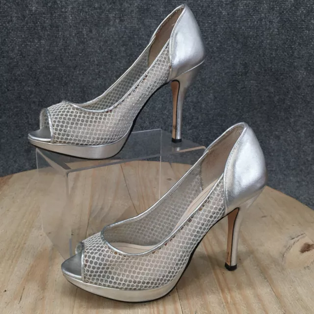 Caparros High Heels Womens 7 B Peep Toe Stiletto Pumps Silver Leather Slip On