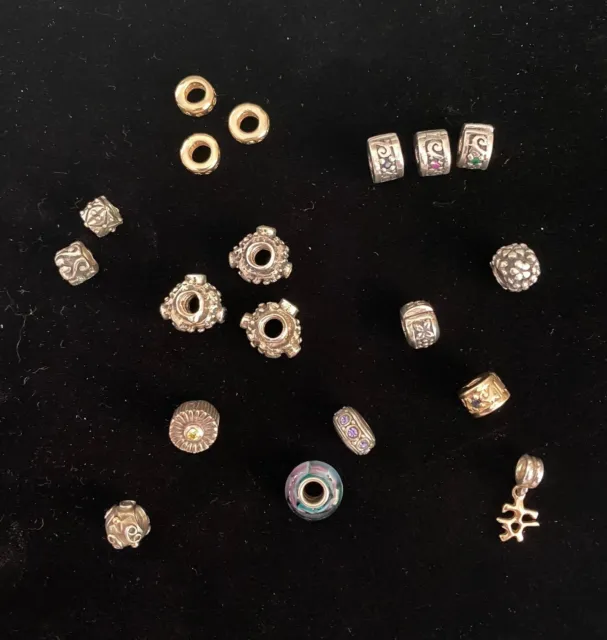 Lot of 19 silver/gold bead charms for European charm bracelets. Lock spacers.