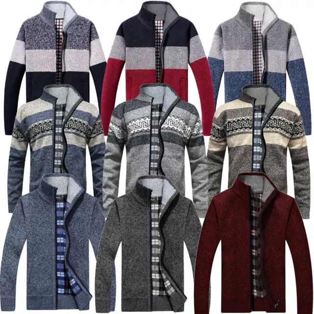 Mens Fleece Lined Insulated Knitted Zip Up Cardigan Striped Warm Winter Jumper
