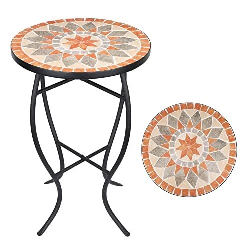 Mosaic Side Table, 21" Round End Table with 14" Ceramic Tile Top, Patio Gold