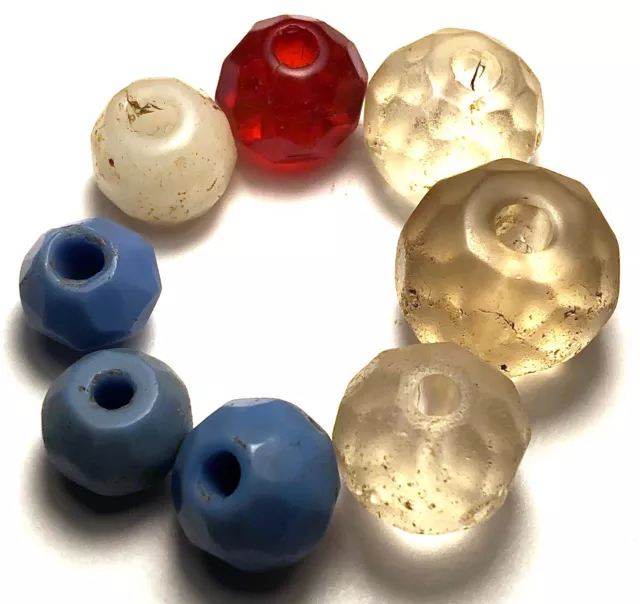 8 Rare 1800s Bohemian Tong-Molded Hand-Facetted Glass Trade Beads Clear-Red-Blue