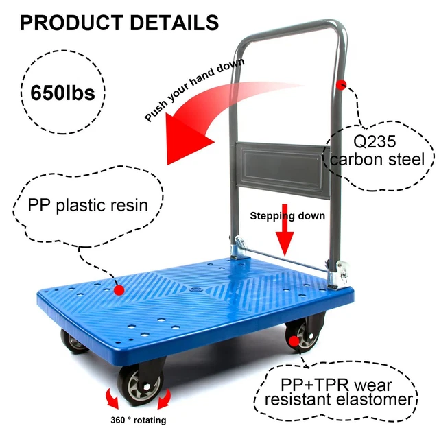 Platform Cart 650lbs Foldable Dolly Push Hand Truck Moving Warehouse Trolley