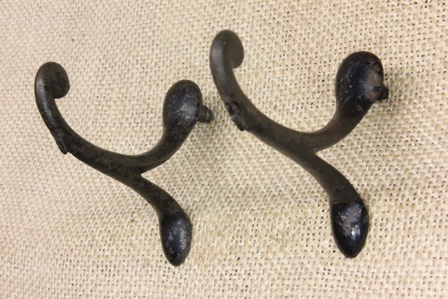 2 Old Single Coat Hooks School Farmhouse Cast Iron Vintage 1850’s Screw in 2 3/4