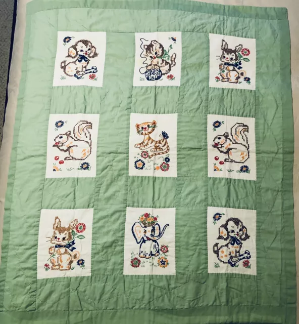 Vintage Handmade Baby Quilt Cross Stitched and Embroidered Baby Animals 38x46 in