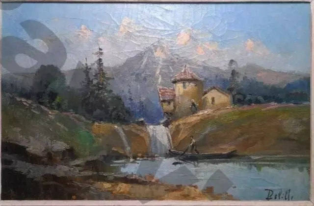 Tableau ancien Ecole debut XXeme à la montagne et au cours d'eau 40x25.5 cm HC