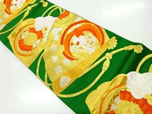 45237# Japanese Kimono / Antique Fukuro Obi / Woven Folding Fan With Butterflies