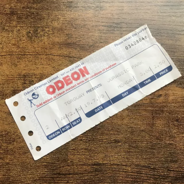 Vintage Jurassic Park Original Odeon Cinema Ticket Stub UK July 1993