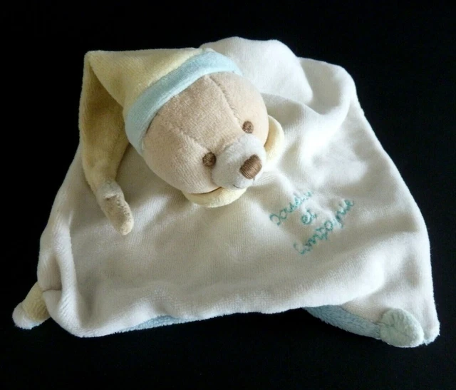 4- DOUDOU ET COMPAGNIE PLAT OURS BLANC BLEU ROSE JAUNE BONNET CARRE 17cm - Lire