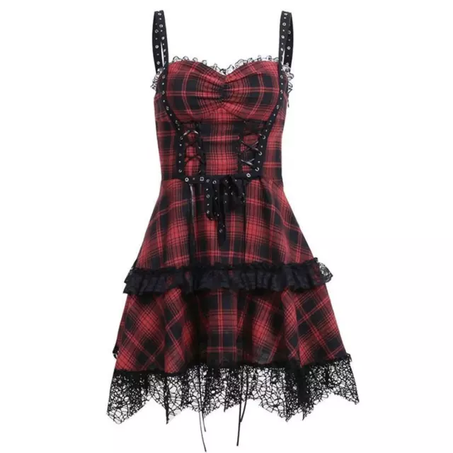 Gothic Red Lace Up Corset Dresses Women Harajuku  Plaid High Waist