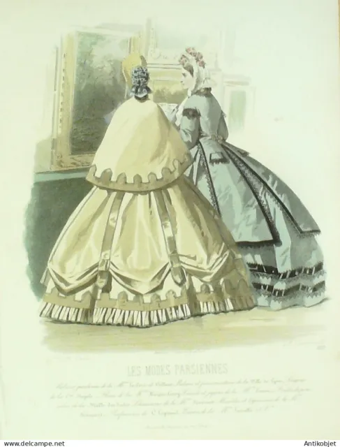 Gravure Modes parisiennes 1864 n°1113 Toilettes et mantelets brodés