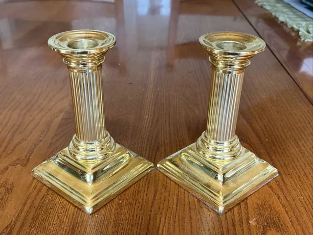 Vtg Pair 5” Solid Brass Candlesticks Baldwin Smithsonian Institution Columnar